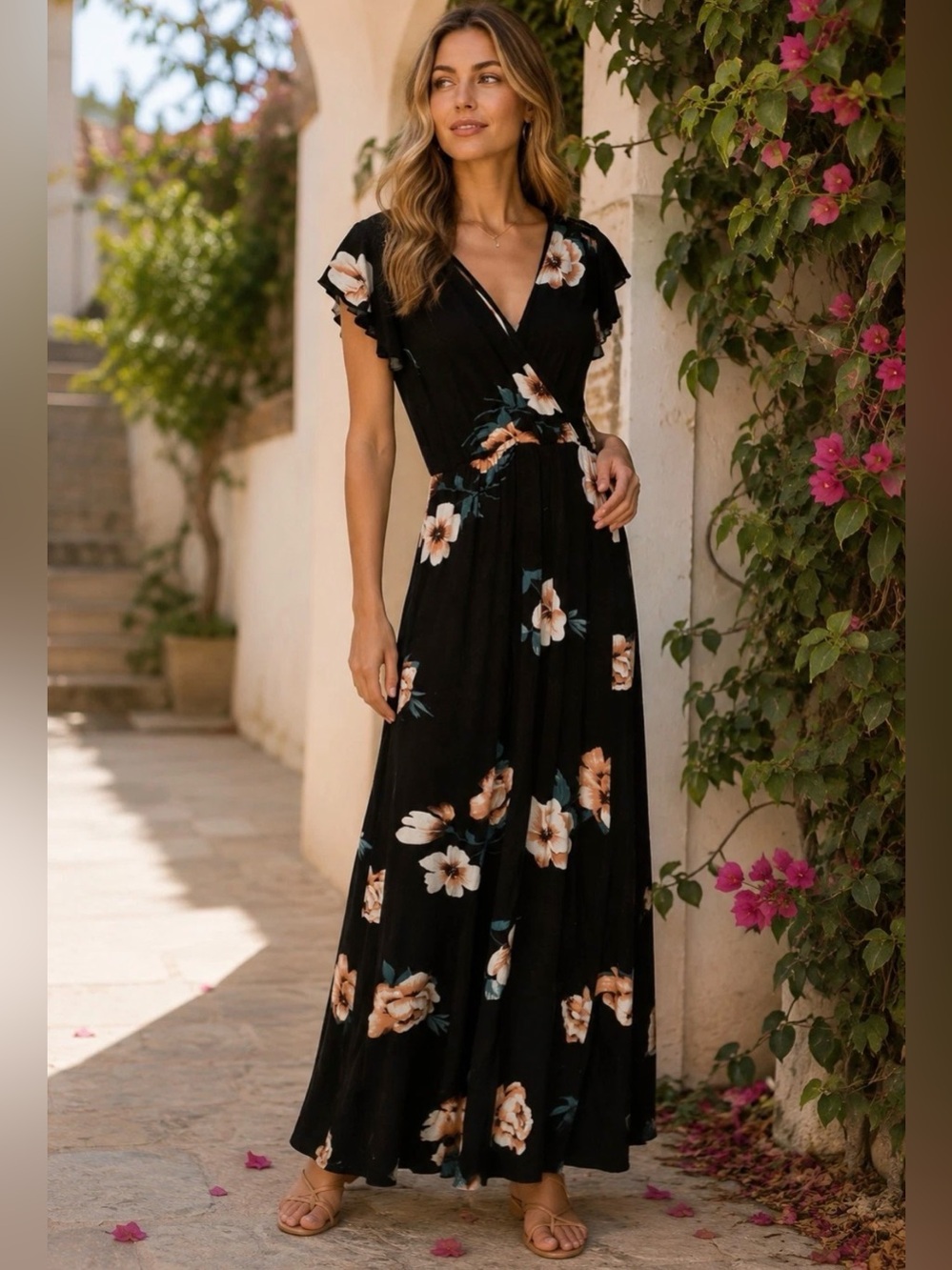 Loveappella Women’s Black Midi Dress with Teal and Cream Florals NWT XS